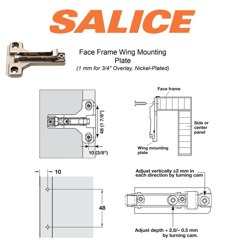 SALICE 2 Salice European Face Frame Hinges #C2P6A with Face Frame Clip On Adapter Plates - Image 4